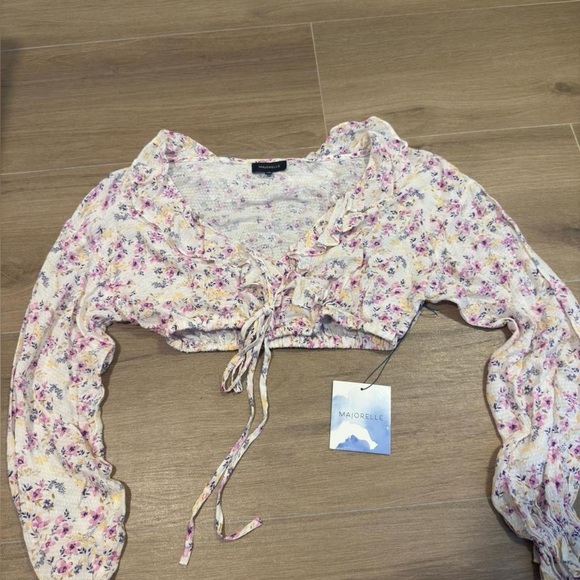 MAJORELLE Floral Lace-Up Blouse - Cream and Pink - Picture 1 of 2